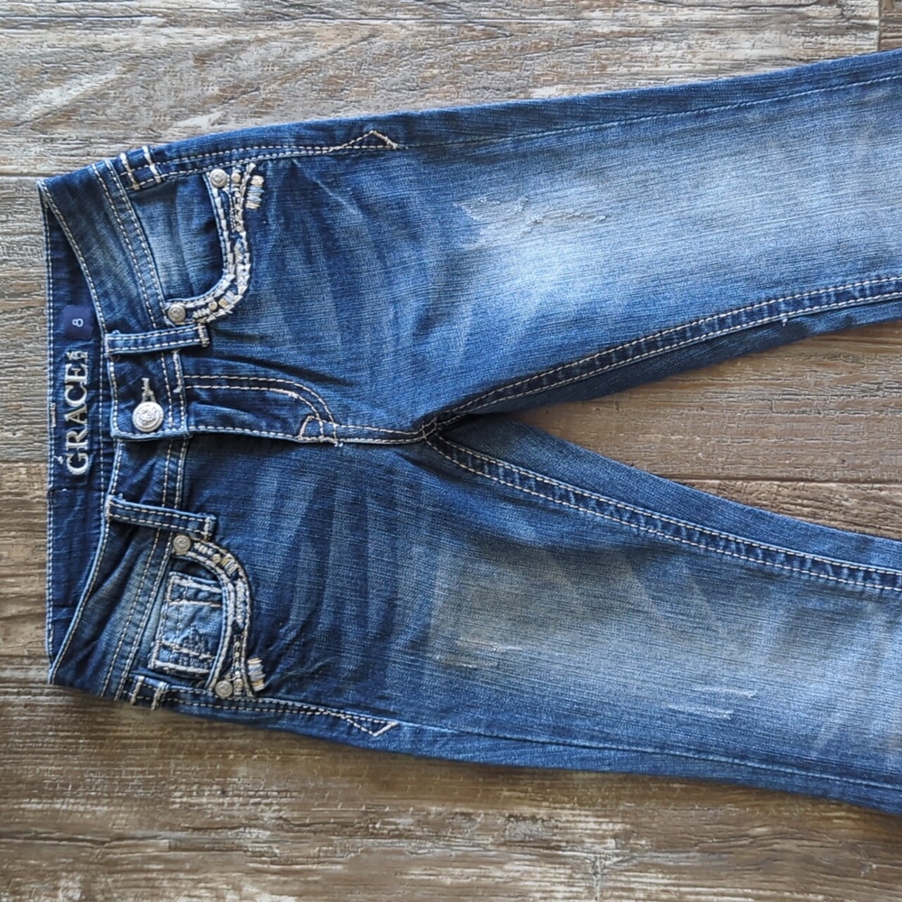 GRACE in LA girls bootcut jeans blingy embroidered faux flap back pockets sz 8 - Picture 10 of 14